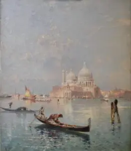 Franz Richard Unterberger (Autrichien, 1837-1902), Gondoles devant Santa Maria della Salute, Venise, Huile sur toile marouflée sur carton, (83,8 x 69,2 cm)
