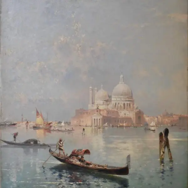 Franz Richard Unterberger (Autrichien, 1837-1902), Gondoles devant Santa Maria della Salute, Venise, Huile sur toile marouflée sur carton, (83,8 x 69,2 cm)