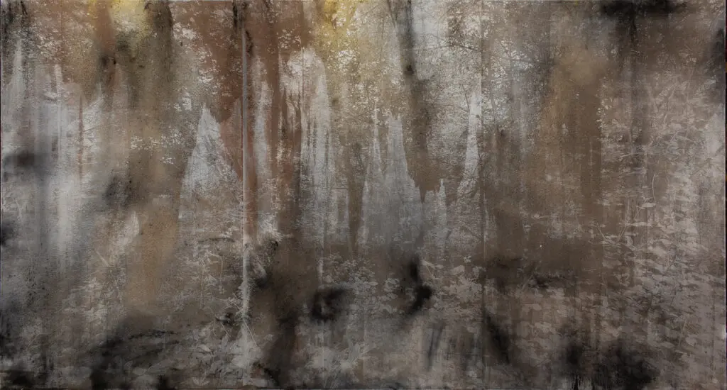 Lionel Sabatté, Dust of the Peaks, June 21, 2023, Chambord, 2023 - Photograph revealed with dust on canvas, 195 x 360 cm © Margot Montigny 
