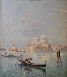 Franz Richard Unterberger (Autrichien, 1837-1902), Gondoles devant Santa Maria della Salute, Venise, Huile sur toile marouflée sur carton, (83,8 x 69,2 cm)