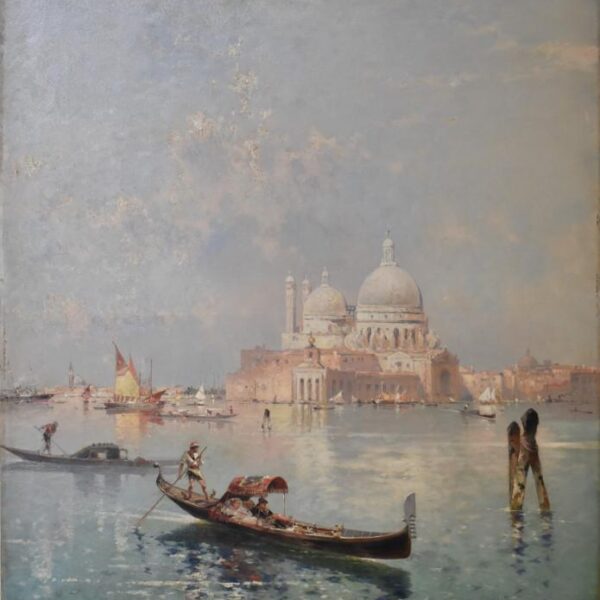 Franz Richard Unterberger (Autrichien, 1837-1902), Gondoles devant Santa Maria della Salute, Venise, Huile sur toile marouflée sur carton, (83,8 x 69,2 cm)